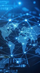 Image of A digital world map displaying global network connections, symbolizing a smart connected city skyline, advanced technology printed on Printed Glass Basin Splashbacks