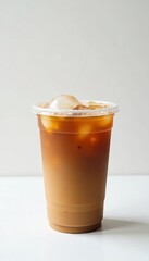 Iced coffee in a disposable plastic cup, clean white backdrop , summer, drink