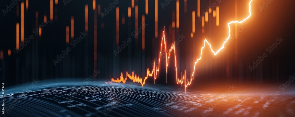 Poster science meteorology data concept. digital graph with upward trend and glowing elements on a dark bac