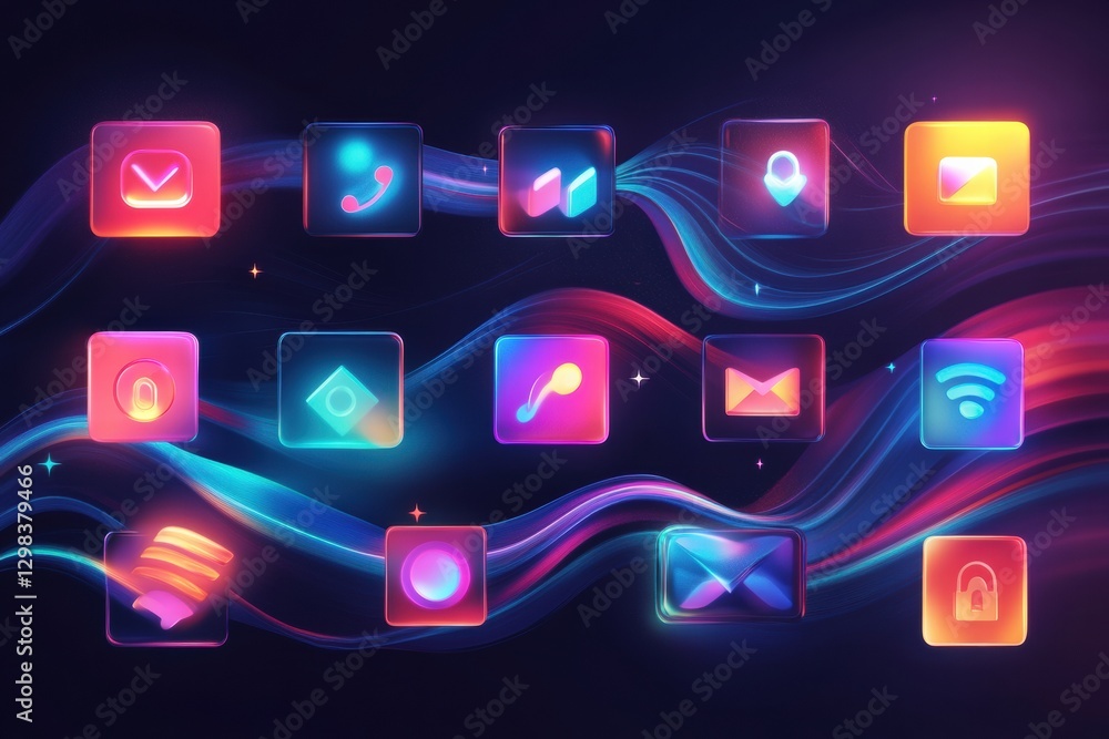 Poster neon glowing icons representing modern digital communication and connectivity in vibrant colors. gen