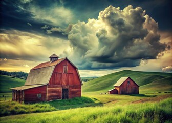 Fototapeta premium Cloudy skies loom over a picturesque hillside dotted with vintage red barns.