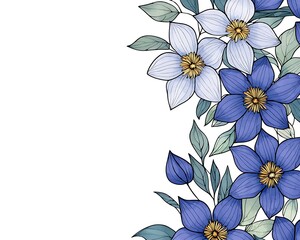 Blue flowers art decor, isolated on white background, with leaves, ideal for invitation, or background