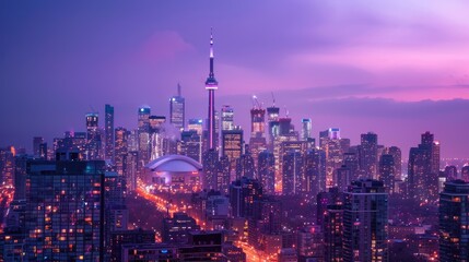Vibrant city skyline at dusk with illuminated buildings, a sports arena, and a colorful sky over Toronto