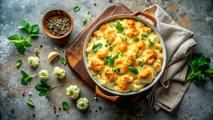 Concrete background showcases a flawlessly presented cauliflower casserole; an aerial food photography masterpiece.