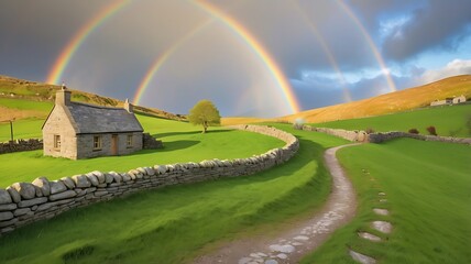 Naklejka premium Enchanting scottish landscape with stone cottage and double rainbow spectacle