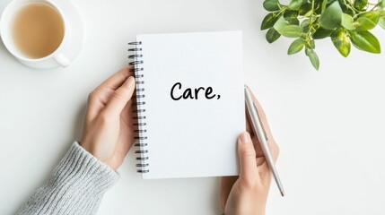 Close up shot of hands holding a spiral notebook with the word  Care  written on the open page resting on a minimal white desk or workspace background  The image conveys a message of mindfulness