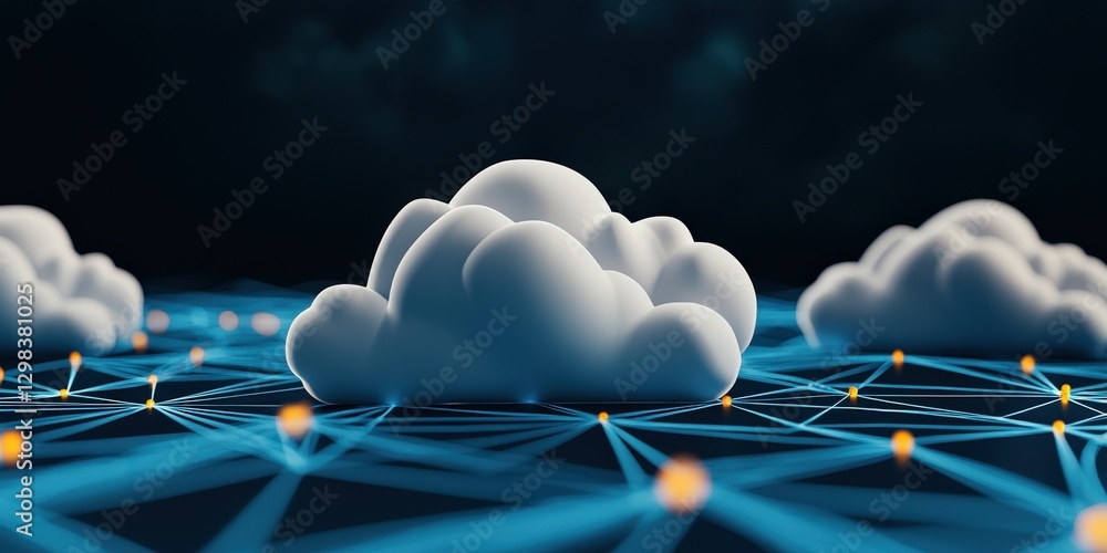 Poster science meteorology data concept. digital clouds on a network grid, symbolizing connectivity and tec