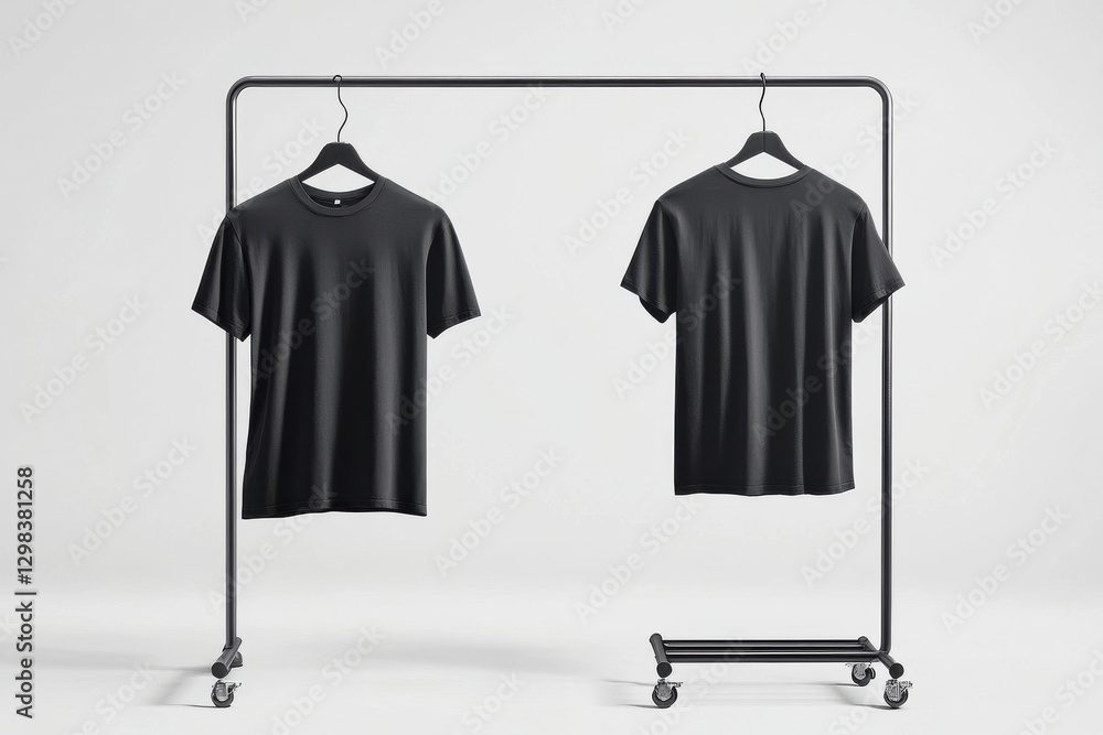 Poster Display of two black t-shirts hanging on a clothing rack in a minimalistic setting with soft lighting