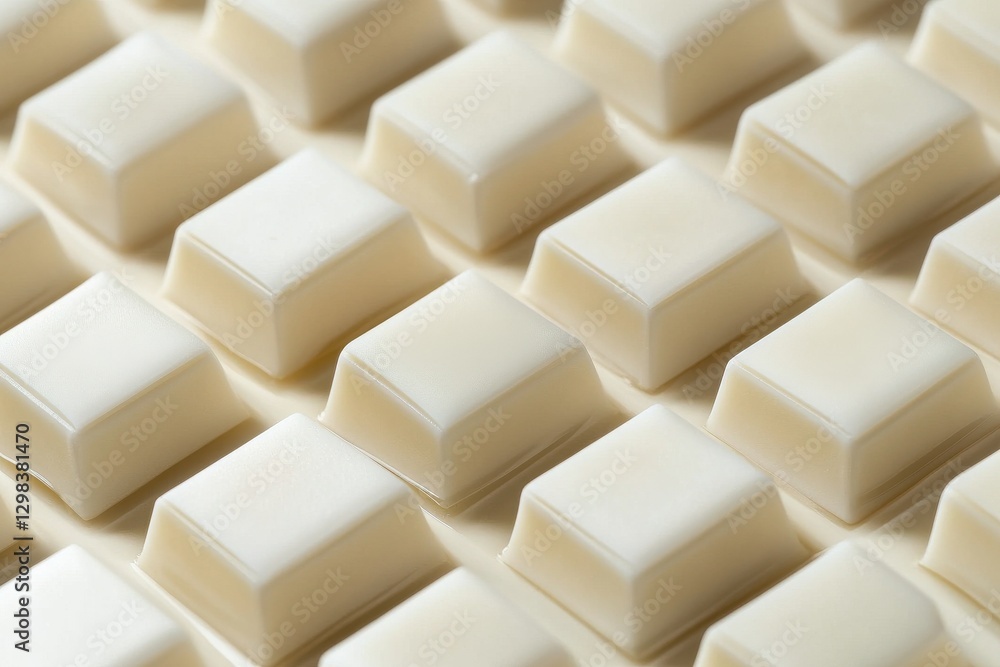 Poster white chocolate pieces arranged neatly on a surface at a confectionery workshop in the afternoon lig