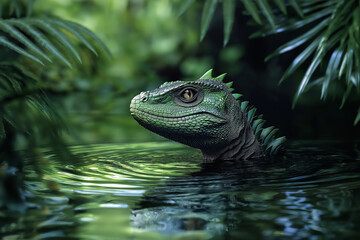 Fototapeta premium A water dragon with iridescent scales emerging from a tranquil lake surrounded by lush greenery, ripples spreading around its massive body.