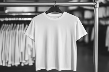 White t-shirt displayed on hanger with clothing store background showing multiple shirts hanging