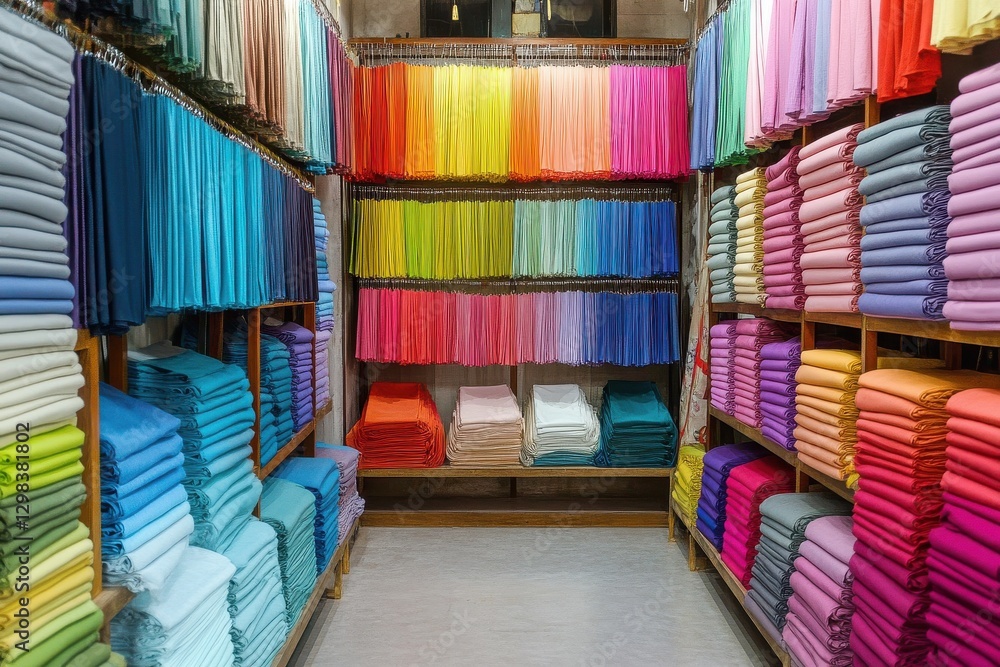 Poster vibrant display of neatly folded fabrics in a textile shop showcasing a range of colors