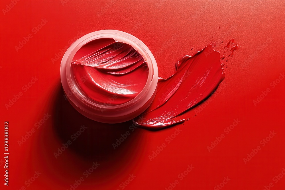 Aufkleber bright red cosmetic cream in an open container with stroke on vibrant red background ideal for beaut