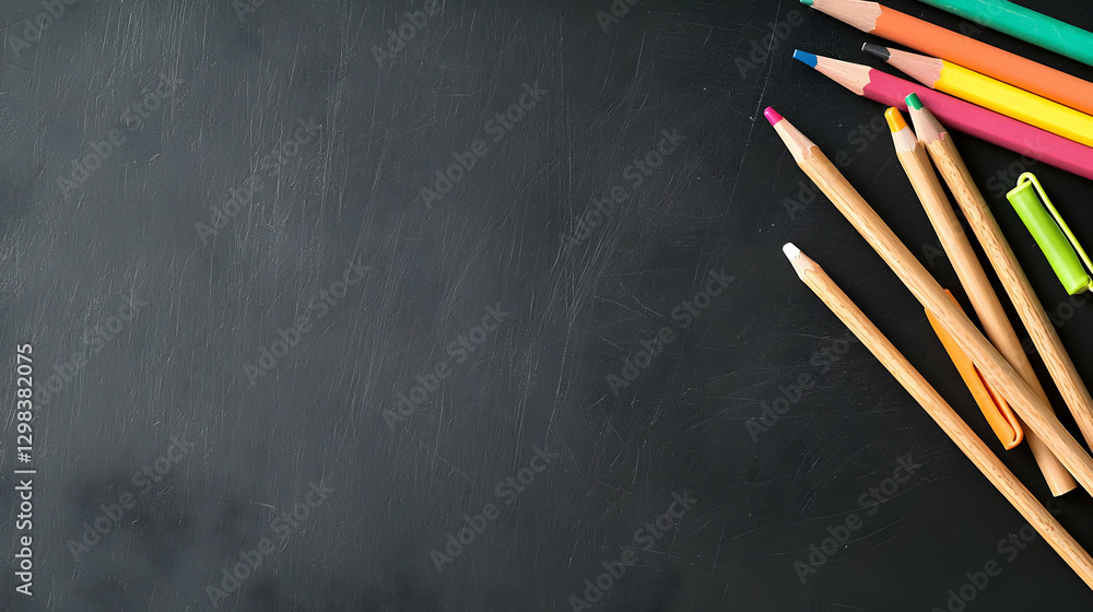 Poster collection of various colorful pencils arranged on a dark textured background