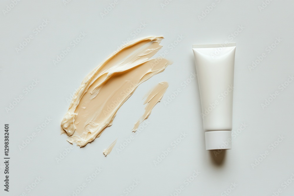 Poster creamy foundation swatch next to a small tube on a neutral background in a well-lit setting