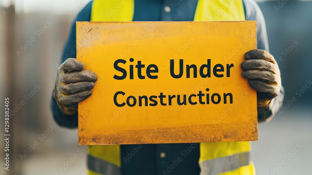 Poster worker in uniform holding large yellow site under construction sign for infrastructure development b