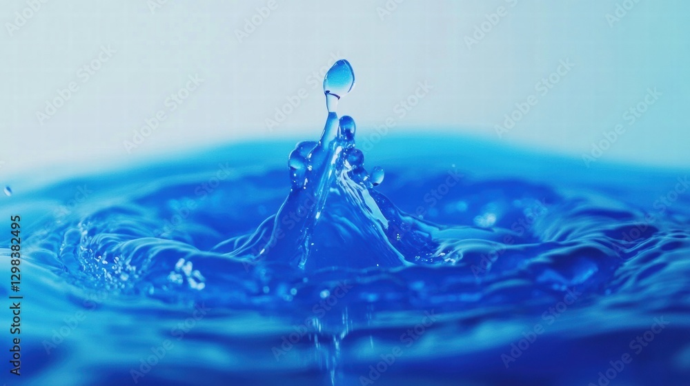 Aufkleber water droplet creating a splash in bright blue liquid under natural light during a peaceful moment. 