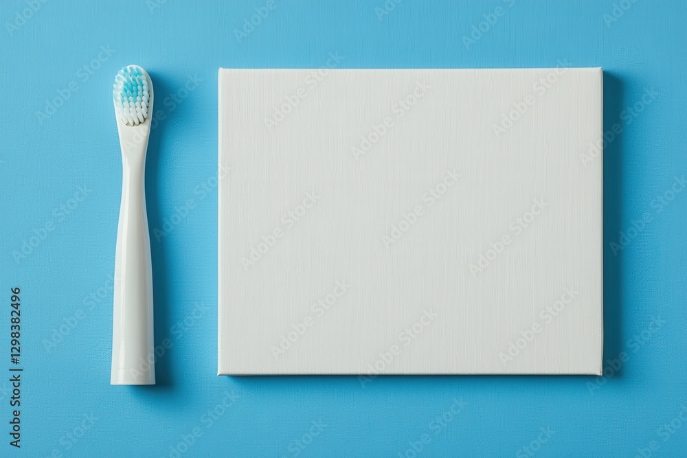 Poster Clean and minimalist setup with a toothbrush beside a blank canvas on a blue background