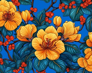 Exotic flowers, berries, and foliage on a blue background for use in a variety of surface designs