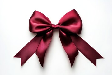 Naklejka premium Elegant Burgundy Satin Bow - A luxurious burgundy satin ribbon tied in a perfect bow, isolated on a white background. Ideal for gift wrapping, holiday decor