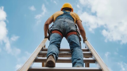 A determined and hardworking professional worker climbs a tall ladder to repair or maintain a rooftop structure on a high energy construction or industrial job site showcasing their skill