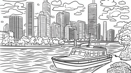 Boat sailing on river, cityscape skyline in background, for coloring pages/art