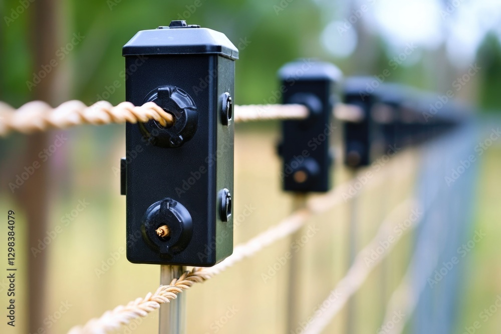 Poster a close-up view of a wire fence with two functional switches
