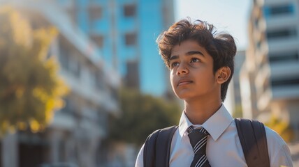 Obraz premium young South Asian school student walking down a busy urban street