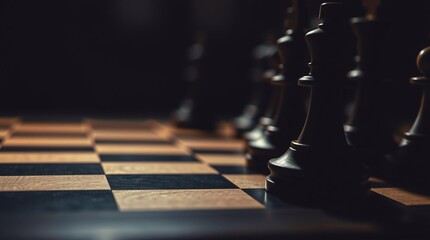 Chess Pieces on Board in Dramatic Light