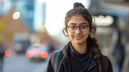 young South Asian school student walking down a busy urban street