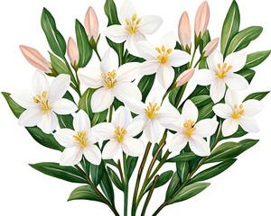 Bouquet of white flowers blooming with foliage, isolated; for spring card, print, or design element