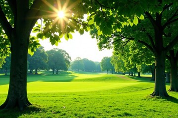 Bright green fairway, tall trees casting shade, bright sun, sky, golf course