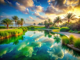 Obraz premium Dreamlike double exposure: La Mer's beach and pond garden merge in a surreal Dubai photograph.