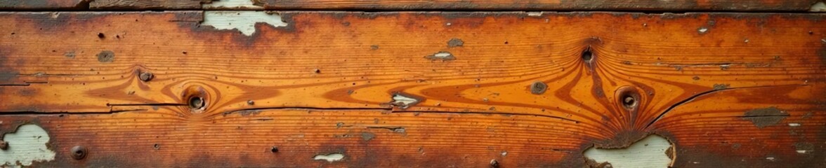 Cracked, peeling brown paint on weathered wood , damaged, wood grain