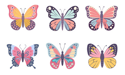 Collection of fancy exotic butterflies isolated on white background. Beautiful flying insects. Illustration in cartoon flat style.