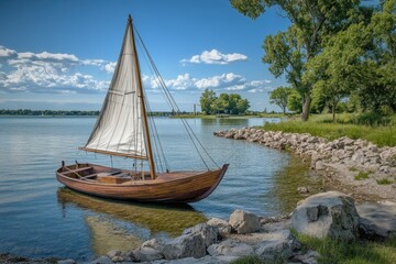 A small sailboat floating on calm waters, great for editorial use in travel or leisure articles
