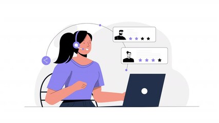 A flat design animation of a call center, focusing on telecommunication and client interactions.