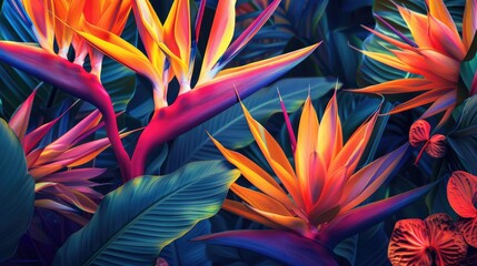 Vibrant tropical flowers in a lush jungle setting, showcasing vivid colors and intricate details amidst foliage