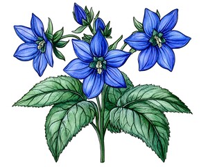 Bright blue wildflower blossom illustration against white backdrop for botanical print design