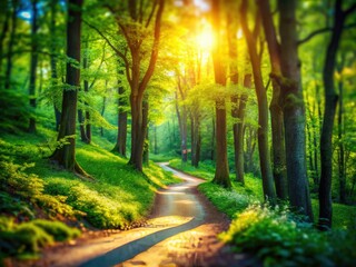 Obraz premium Enchanted forest path: a tilt-shift perspective creates a miniature world, a magical running trail.
