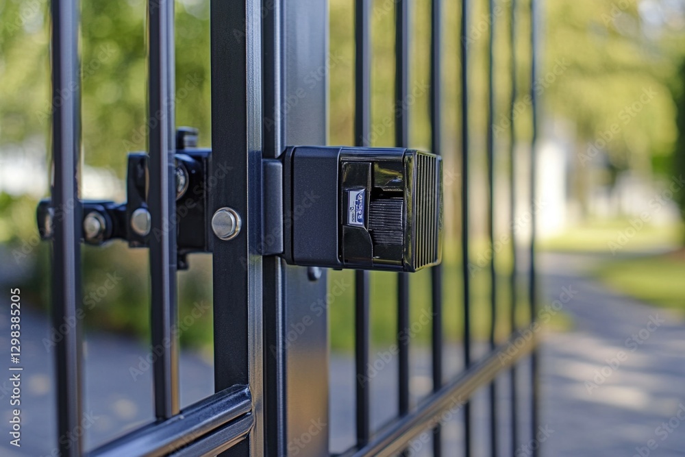 Poster a detailed view of a lock securing a gate, suitable for use in architecture, security or design cont