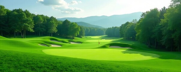 Fototapeta premium Rolling hills, emerald golf course with dense forest, park, lush
