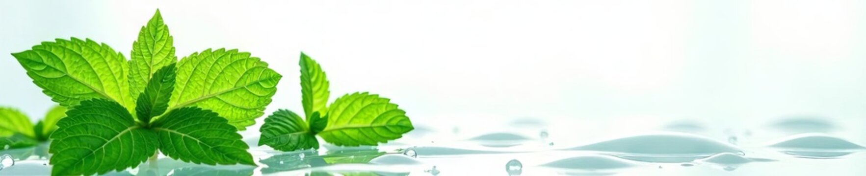Refreshing mint leaves & water droplets splash on pristine white background , green, cleanliness