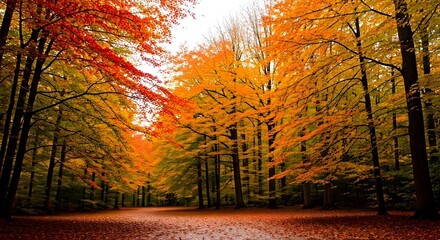 Fototapeta premium A vibrant autumn forest with trees in shades of red, orange, and yellow.jpg