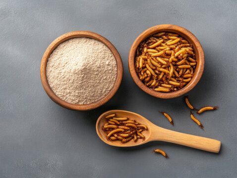 Alternative protein sources: Mealworm flour and dried mealworms.