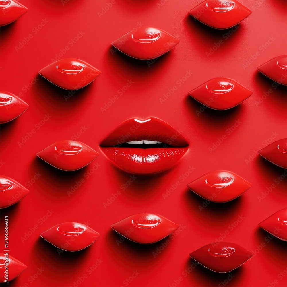 Aufkleber Bright red lips surrounded by glossy eye shapes create a striking visual display against a bold red background