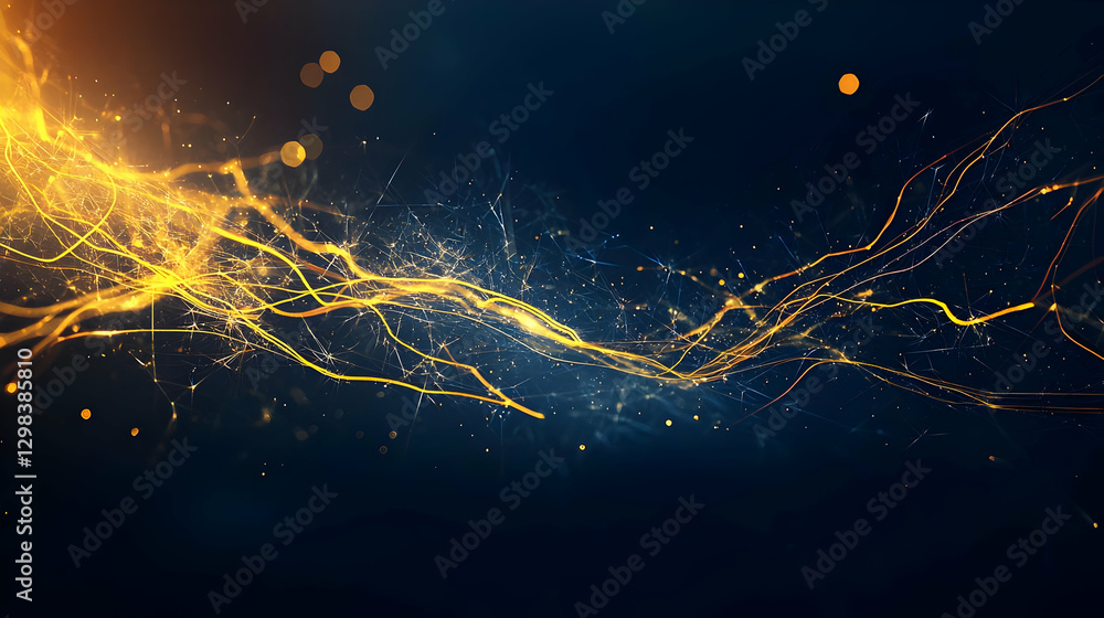 Poster golden light trails on a dark blue background with dynamic abstract shapes