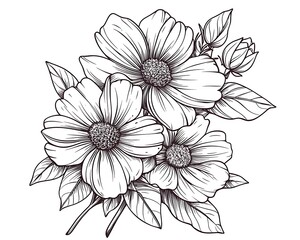Flowers drawn, in white background. Use card design, poster, coloring book illustration, craft project