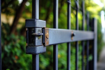 A close-up shot of a metal gate with a lock, great for use in industrial or security themed designs