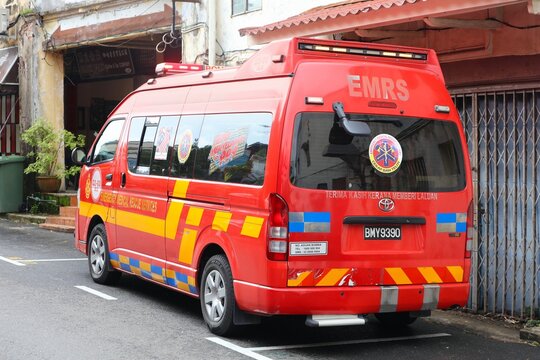 KUCHING, MALAYSIA - MARCH 8, 2024: Emergency Medical Rescue Services EMRS ambulance in Kuching, capital city of Sarawak state in Malaysia.